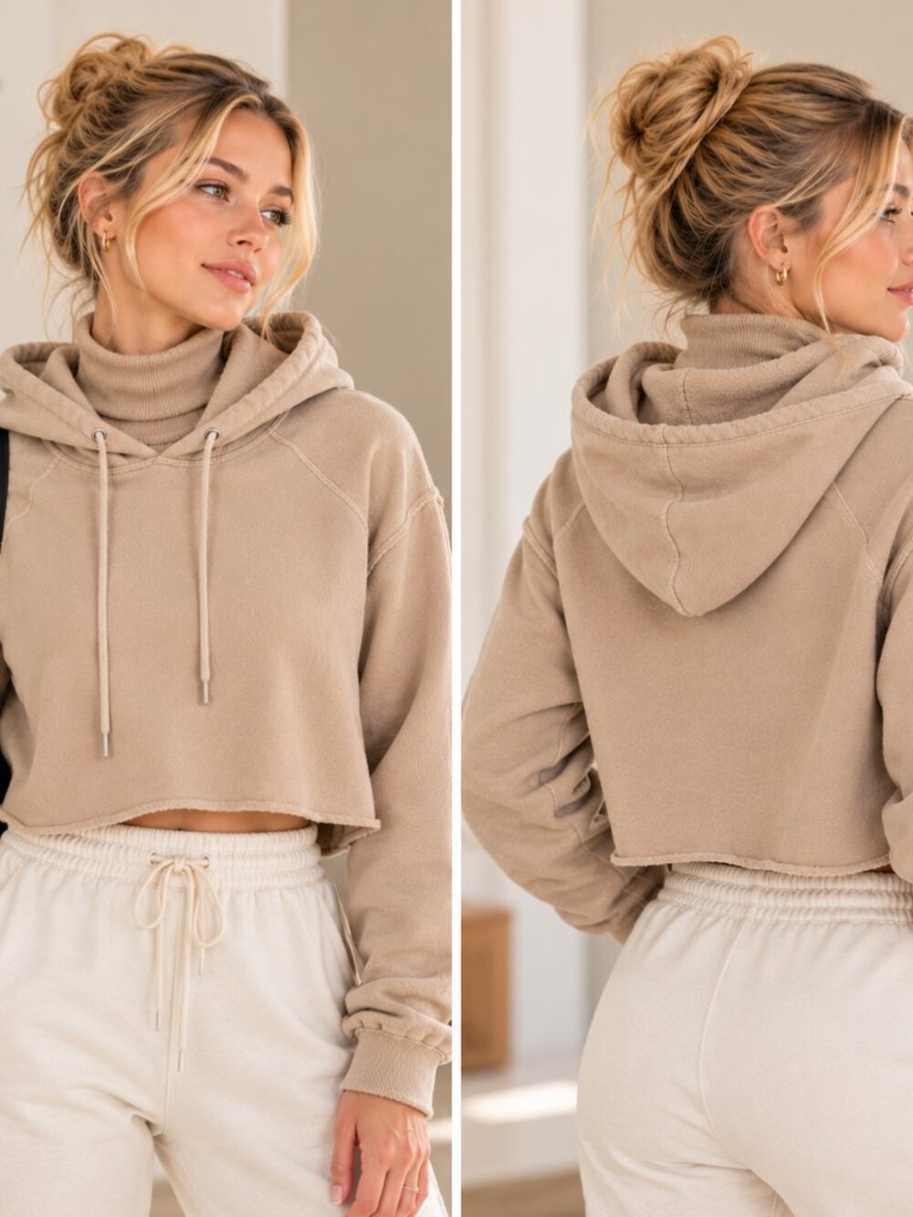 Alo Women's Cropped Hoodie | Tan French Terry, Drawstring Hood, Size S